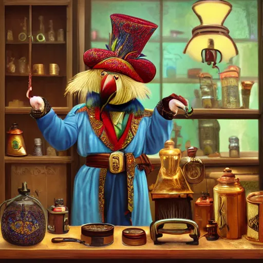 Image similar to Anthropomorphized parrot trader in his shop, medium shot, hands on counter, items, weapons, magic potions, trinkets, carpet, lamps, window, fancy hat, warm light, sly expression, cunning expression, cute expression, long thick shiny black beak, D&D, fantasy, cinematic lighting, highly detailed, digital painting, artstation, concept art, smooth, sharp focus, illustration, warm light, cozy warm tint, strong colours, magic the gathering artwork, volumetric lighting, 8k, art by Akihiko Yoshida, Greg Rutkowski