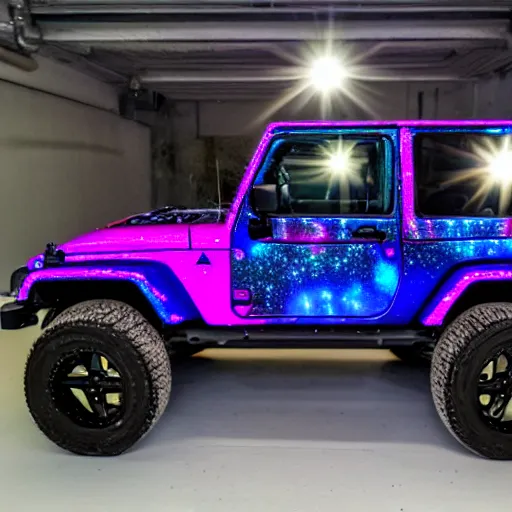 Prompt: photo of a 1997 hardtop white Jeep Wrangler, underground garage, starry lights, bouncing reflections, oil slick