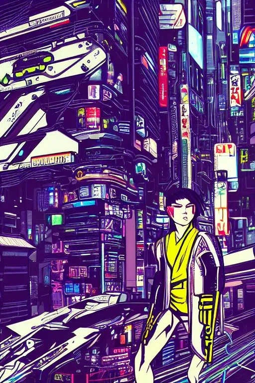 Image similar to futuristic japanese cyberpunk by roy lichtenstein, by ben - day, bladerunner pixiv contest winner, cyberpunk style, cyberpunk color scheme, mechanical, high resolution, hd