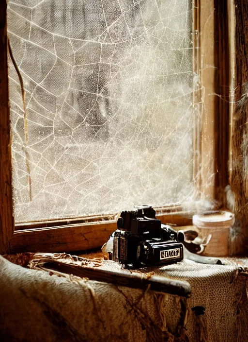 Prompt: a film production still, 2 8 mm, wide shot of a cabin interior, rooster, wooden furniture, cobwebs, spiderwebs, window light illuminates dust in the air, abandoned, depth of field, cinematic