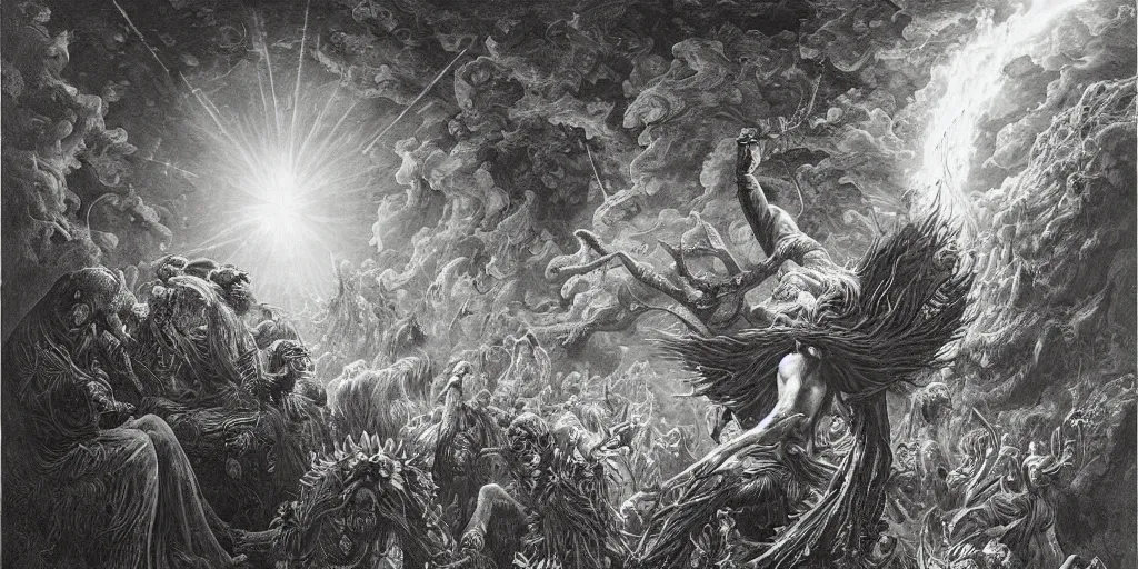 Image similar to highly detailed and cinematic romantic, edge of the universe, the mexican shaman magician who summons from fire to create new things, magical, myth, masterpiece, from the book of the long sun by gene wolfe, highly detailed painting by gustave dore