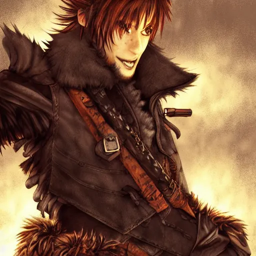 Prompt: portrait of an anthropomorphic anthro lean male wolf character wearing a leather mercenary uniform, forest background during sunset, handsome eyes, moody rembrandt lighting, professional digital art by tetsuya nomura, detailed art, excellent quality, amazing, beautiful fur
