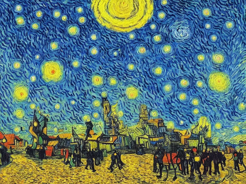 Prompt: bright beautiful oil painting of spaceship abducting people from arles france, light scatter, van gogh