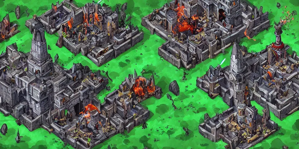 Image similar to Evil mage is standing on top of his tower, raising hands up high and leading his horde of zombies to outer lands. Isometric, high angle, big scale battle map. Highly detailed digital art, unreal engine.