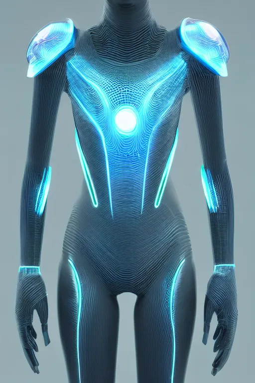 Image similar to futuristic translucent aquamarine cyber body armour, intricate, glowing, eyecandy, colorful, 3 d, octane render, photorealistic, modern, warp,