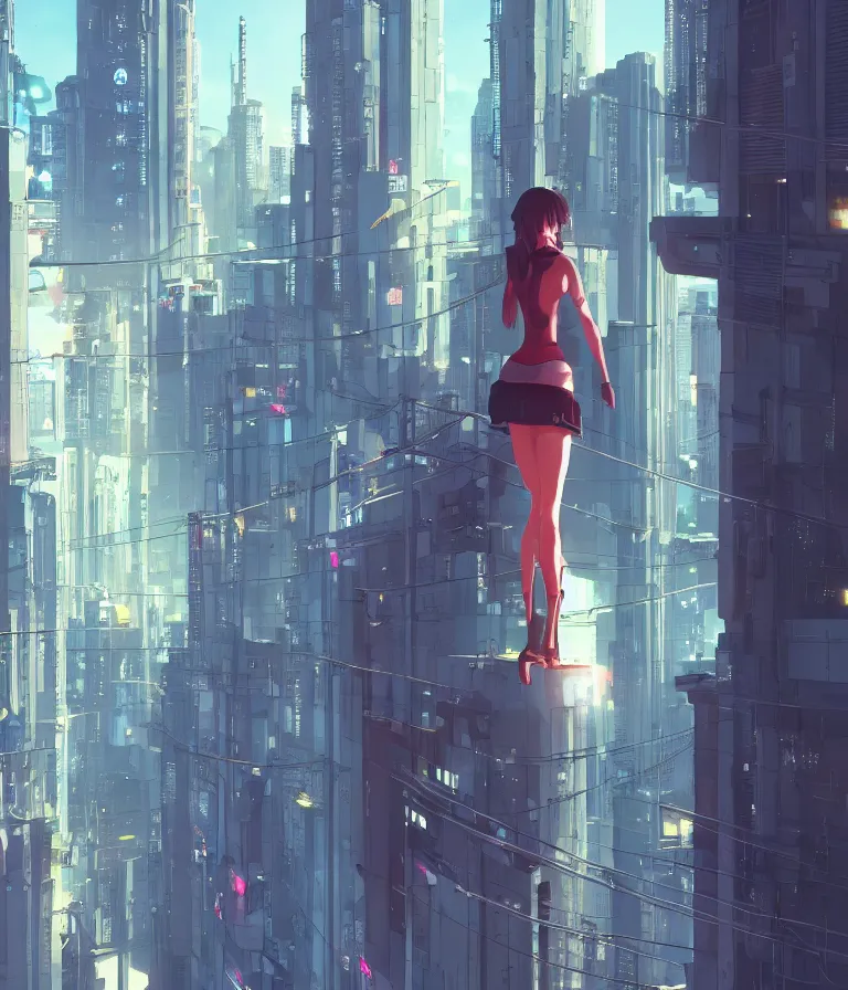 Image similar to a girl stands on top of a multi-storey building, anime style, 4k, cyberpunk city in the background, HD, artstation, very detailed, by Ilya Kuvshinov