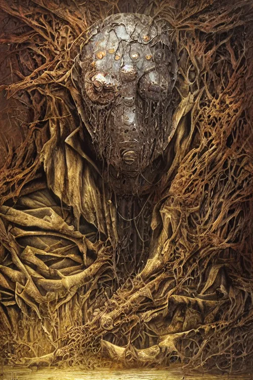 Image similar to a rusted swamp knight contorted with wood and sludge by tomasz alen kopera.