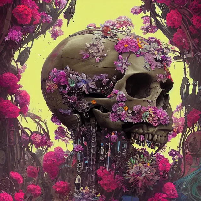 Prompt: a beautiful portrait painting of a ( cyberpunk ) skull robot covered with flowers by simon stalenhag and pascal blanche and alphonse mucha!! and nekro and josan gonzalez. in style of digital art. colorful comic, film noirs, symmetry, brush stroke, vibrating colors, hyper detailed. octane render. trending on artstation