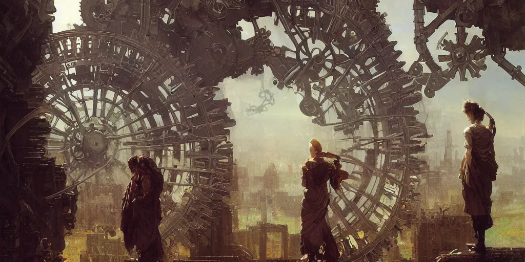 Image similar to giant gears floating in nothingness, clockwork, giant mechanisms, industry, villages castles, buildings vista artstation illustration sharp focus sunlit vista painted by ruan jia raymond swanland lawrence alma tadema zdzislaw beksinski norman rockwell tom lovell alex malveda greg staples