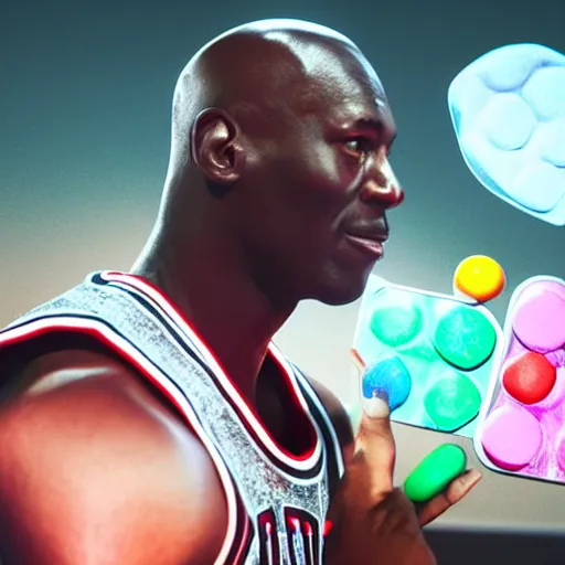 Prompt: Michael Jordan playing candy crush on his phone during the nba finals, matte painting, concept art, cgsociety, octane render, trending on artstation, artstationHD, artstationHQ, unreal engine, 4k, 8k