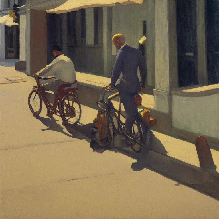 Prompt: a man with a bike resting in quiet town, painted by Edward Hopper, oil painting