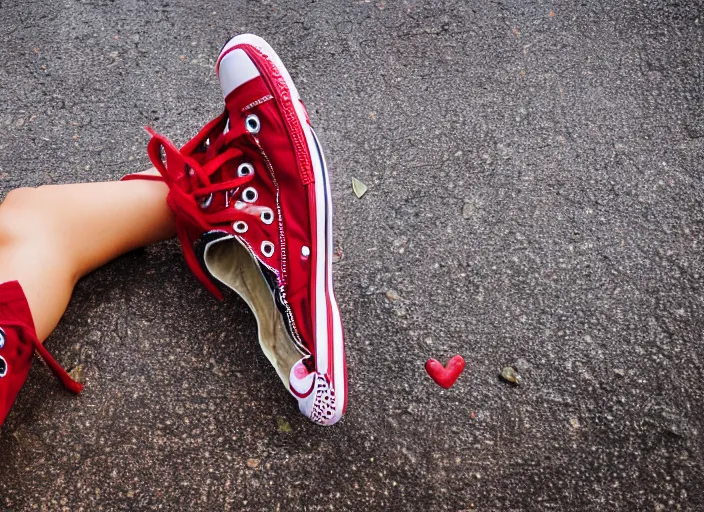 Image similar to side view of the legs of a woman hook sitting on the ground on a curb, very short pants, wearing red converse shoes, wet aslphalt road after rain, blurry background, sigma 8 5 mm