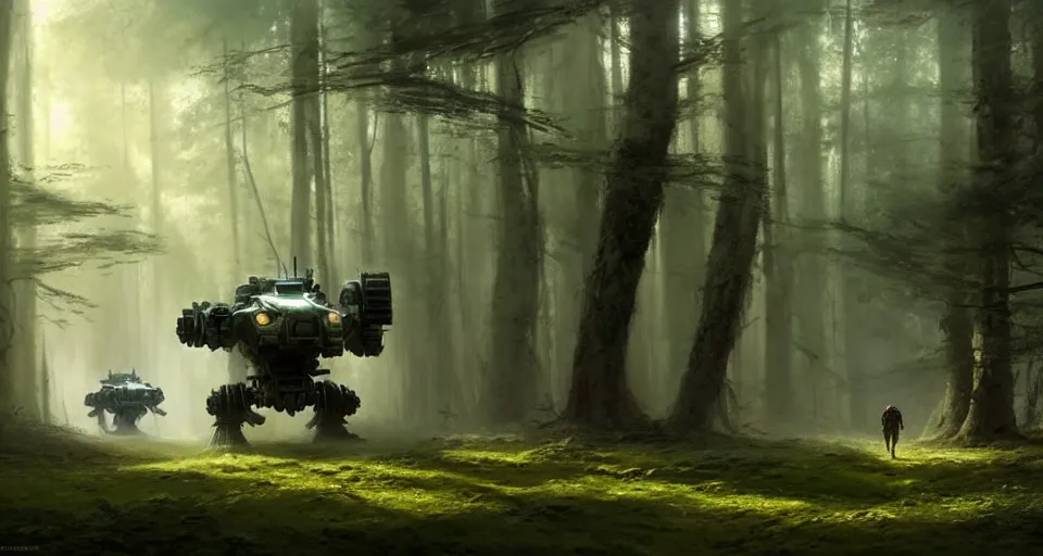 Image similar to hyper realistic sci - fi matte concept art painting of battlemech walking through a forest, beautiful details, strong composition painted by kim jung guweta studio rutkowski, james gurney and greg rutkowski, and lucasfilm, smooth, intricate, detailed, sharp focus, cinematic