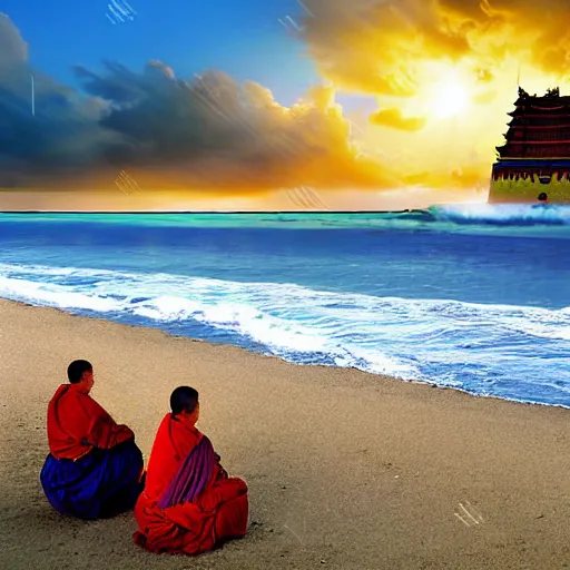 Prompt: deserted seaside coast temple in tibet, sunrise, waves, kites, storm in the background, art by daarken, wayne reynolds, chuck luckacs, lars grant-west