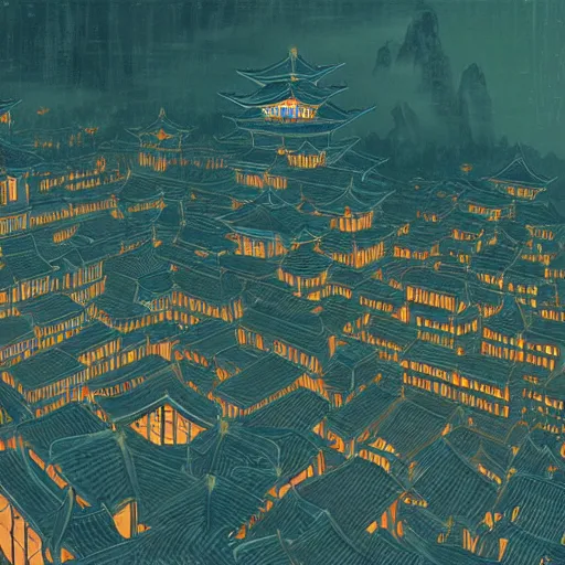 Image similar to A beautiful painting of the Ancient city in China at night by Victo Ngai, Hyakki Yako, effect, unreal engine, Trending on artstation，super wide view、Overhead view