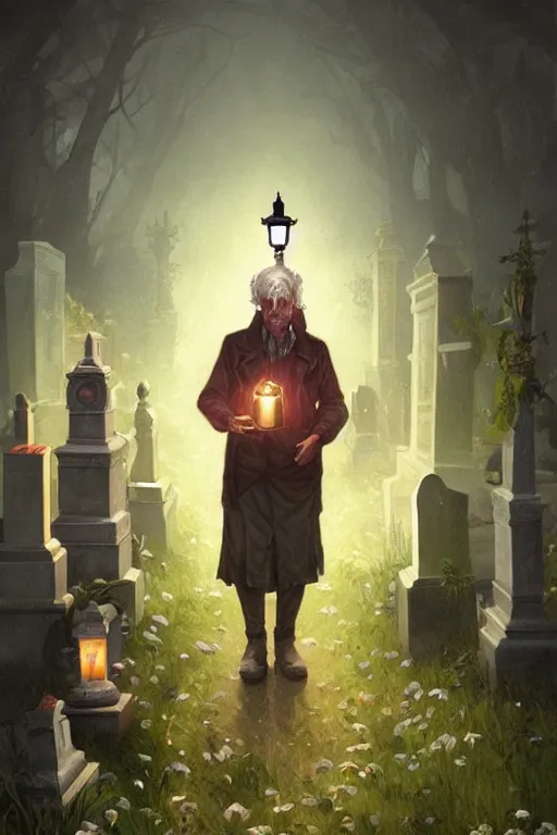 Image similar to male senior holding a lantern in a cemetery several zombies, highly detailed, digital painting, artstation, concept art, smooth, sharp focus, illustration, art by artgerm and greg rutkowski and alphonse mucha and andrei riabovitchev