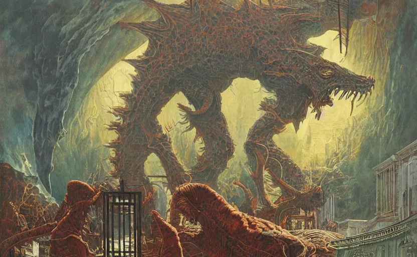 Prompt: a kaiju crammed into a victorian living room, early morning sunshine slanting through the window, painted by rick berry and norman rockwell and zdzislaw beksinski and cassius marcellus coolidge, highly detailed