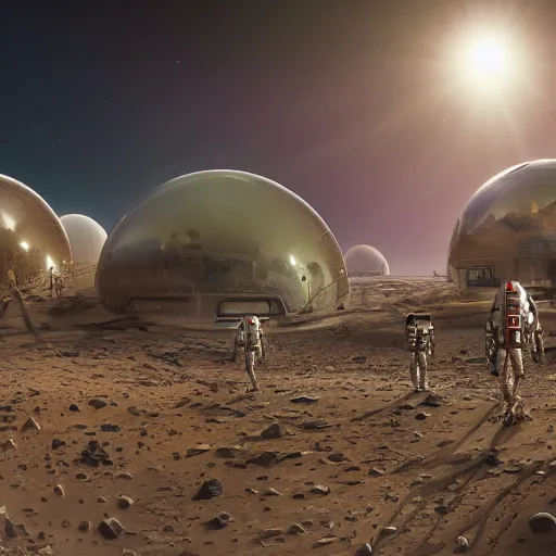 Image similar to A photorealistic image of the colonization of Mars, circa 2050, featuring large bio-domes filled with vegetation while the surface of Mars has many futuristic-looking buildings dotting the landscape, several people in space suits are outside