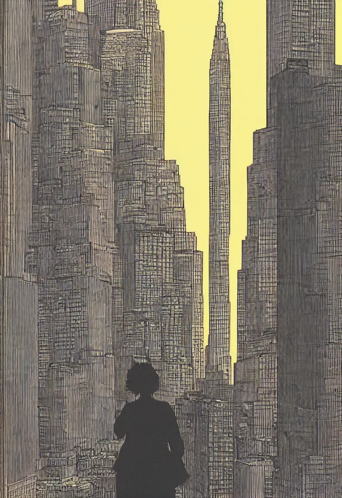 Prompt: a woman looking up at a large towering building in new york, sunset, golden hour, very detailed, illustration, by adrian tomine