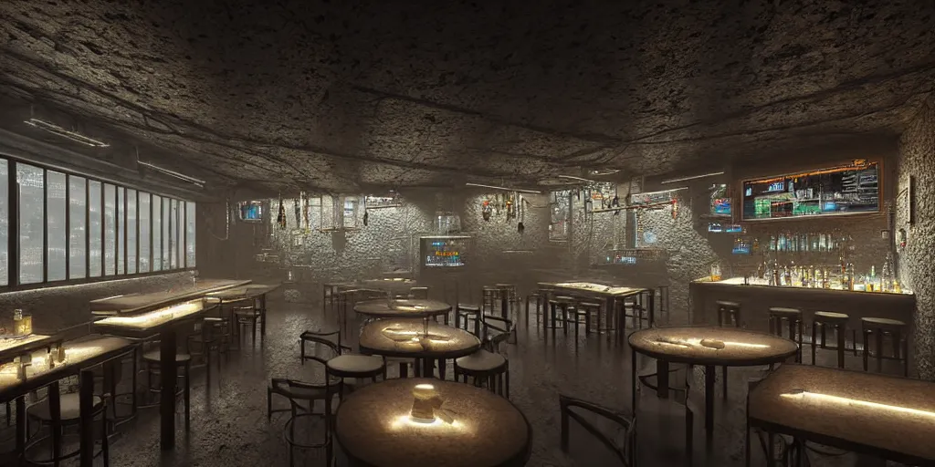 Image similar to Highly detailed realistic photo interior design in style of blend contemporary aesthetics by JAMIE BUSH and Josan Gonzalez of detailed cyberpunk tavern with stone walls, transperient roof and neon lights, a lot of electronics and people, many details by Hiromasa Ogura. a lot of Natural white sunlight from the transperient roof. Rendered in VRAY