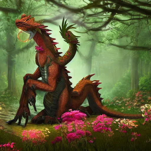 Image similar to a dragon made out of flowers, in a forest glade, 4 k digital artwork, concept art