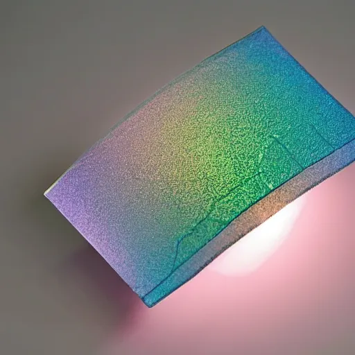 Prompt: pastel coloured fuji archival photography of a peculiar found 3 d object made of a unique matte, iridescent fabric material that bends light like a fresnel lens. the object is adorned with a machined silicon chip casing and an intricate detailing of quantum crystal circuits. the object has an inscription on the inner cuff and is placed in a white table.