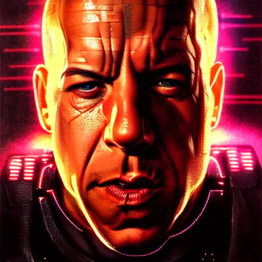 Prompt: portrait of vin diesel, cyborg, terminator 2 : judgment day, fantasy, rule of thirds, intricate, neon highlights, octane render, detailed, beautiful, unreal engine, symmetrical, artstation, art by karol bak, art by artgerm, rossdraws, cinematic, concept art, filmic, vsco