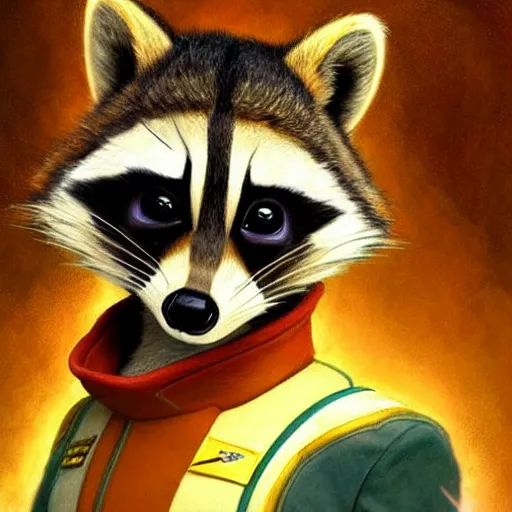 Image similar to a portrait of a female raccoon in starfleet uniform at night in a dark forest. zootopia fursona furaffinity furry art detailed face painting by gaston bussiere craig mullins jc leyendecker gustav klimt artgerm greg rutkowski furry