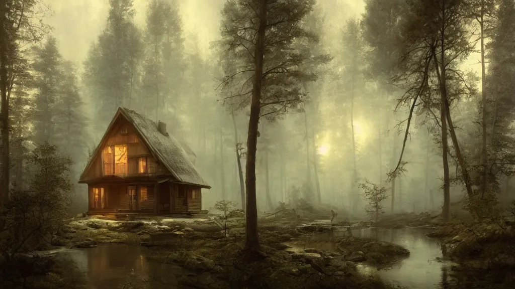 Prompt: [ a cabin in the woods. ] andreas achenbach, artgerm, mikko lagerstedt, zack snyder, tokujin yoshioka