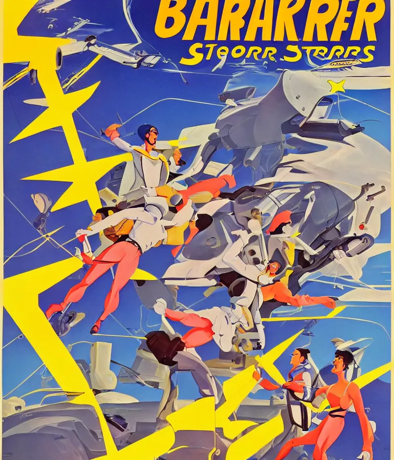 Image similar to Hannah Barbera cartoons of Five Star Stories as Whacky Races, promotional poster super detailed , xpensive production, realistic style, gouache colors, Hollywood retro cartoon poster, golden era of animation work