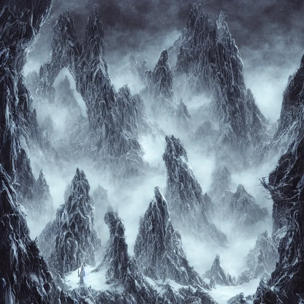 Image similar to haunted mountains of madness in antarctica surrounding an great monolithic city of insane alien towers and blasphemous megastructures, upward cinematic angle, by rodney matthews, michael kaluta, giger, p. craig russell and bill sienkiewicz, ghostly atmosphere, thick lush winter aesthetics, stunning composition, alien creature faces, monstrous animal gods, intricate, strange, elegant, digital art, hyperdetailed, colorful hyperrealism, brilliant photorealism, horror, masterpiece, 4k