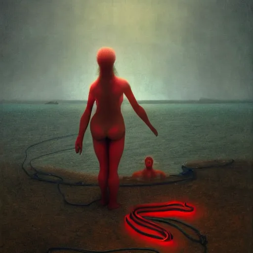 Image similar to liminal!!, portrait, shore of the lake, woman, wrapped around by tubes and cables, short black curly hair, glowing red, by edgar maxence and ross tran, zdzisław beksinski, and michael whelan, distant, gustav dore, h. r. giger, 8 k, octane render