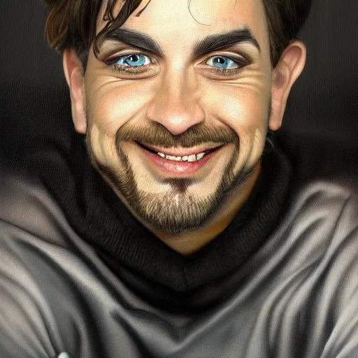 Image similar to Caricature portraits done of Vinny Vinesauce, realistic, hyperrealistic, very realistic, highly detailed, very detailed, extremely detailed, detailed, oil painting, digital art, trending on artstation