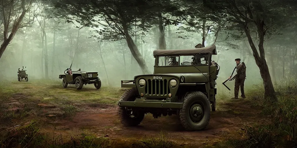 Prompt: british officers riding willys jeep, in kerala forest road in 1921, chasing a culprit, action scene, an epic fantasy, dramatic lighting, cinematic, establishing shot, extremely high detail, photorealistic, cinematic lighting, matte painting, artstation, by simon stalenhag, horizon forbideen west