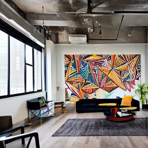 Prompt: trendy downtown loft with modern murals on the wall, contemporary art, and patterns, interior design, beautiful architecture