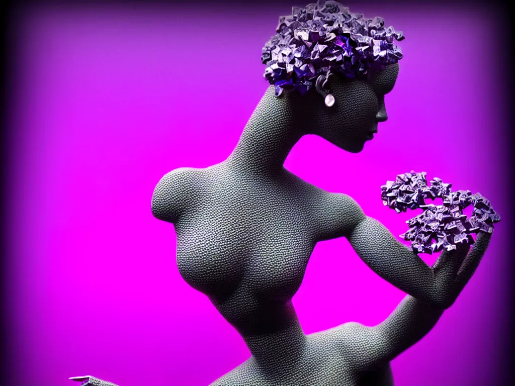 Image similar to beautiful mannequin sculpted out of amethyst by billelis + lit with purple 3 d geometric neon + chrome geometric cubed bonsai plants!!!!, dark grey clouds + neon pink lightning in background, clean linework, dramatic, finely detailed, rule of thirds, moody, confident, award winning, 4 k, trending on artstation, photorealistic, volumetric lighting, octane render