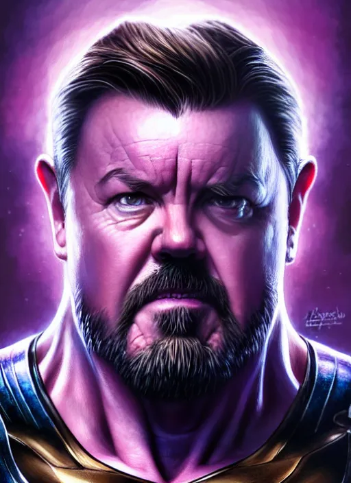 Image similar to portrait of ricky gervais as thanos, muscular! fantasy, intricate, elegant, highly detailed, digital painting, artstation, concept art, smooth, sharp focus, illustration, art by artgerm and greg rutkowski and alphonse mucha