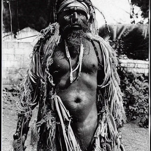 Prompt: vintage photos of cybernetic Aghori Sadhus and strange creatures