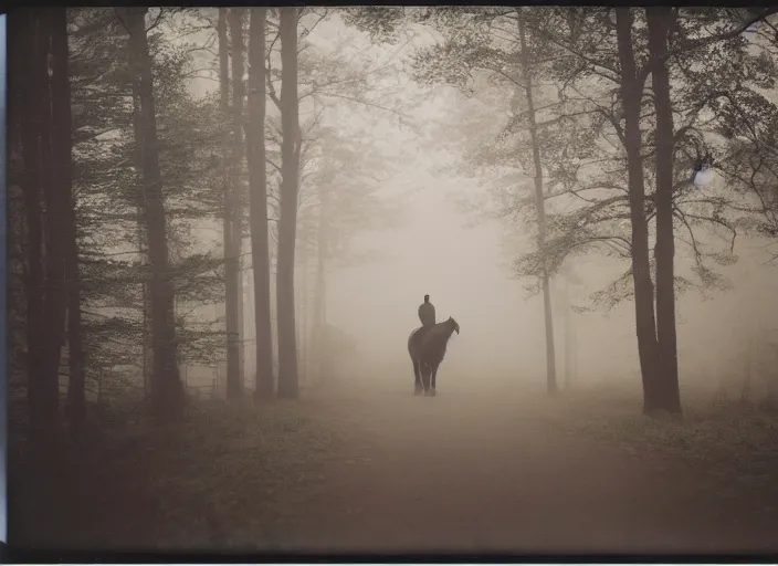 Image similar to medium shot, an evil horse is walking, woods, horror, fog, the horse is breathing smoke, polaroid photo, vintage, neutral colors, by gregory crewdson,