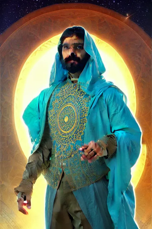 Image similar to portrait of a Persian architect and astronomer, handsome man, heroic pose, Turquoise colors, dramatic lighting, volumetric lighting, intricate, highly detailed, digital painting, artstation, concept art, smooth, sharp focus, illustration, art by artgerm and greg rutkowski and alphonse mucha, footage from space camera