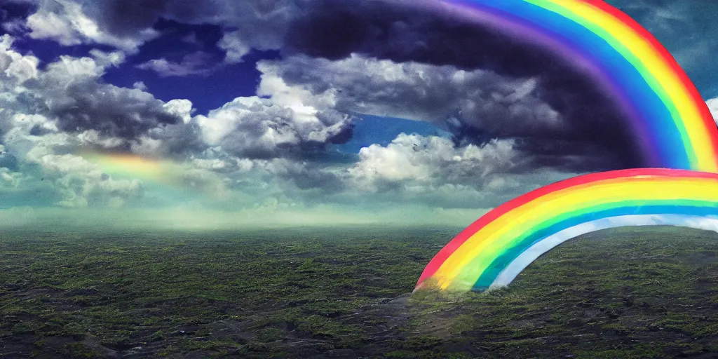 Image similar to i have set my rainbow in the clouds, and it will be the sign of the covenant between me and the earth. i will remember my covenant between me and you and all living creatures of every kind. never again will the waters become a flood to destroy all life. also, skittles. 7 0 mm. digital art 3 d render. dramatic lighting. silent running.