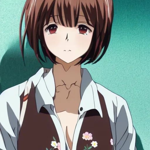 Image similar to Detailed anime key visual of a beautiful Japanese woman with short brown hair, shoulder-length; wearing a white shirt with a floral pattern; Official media