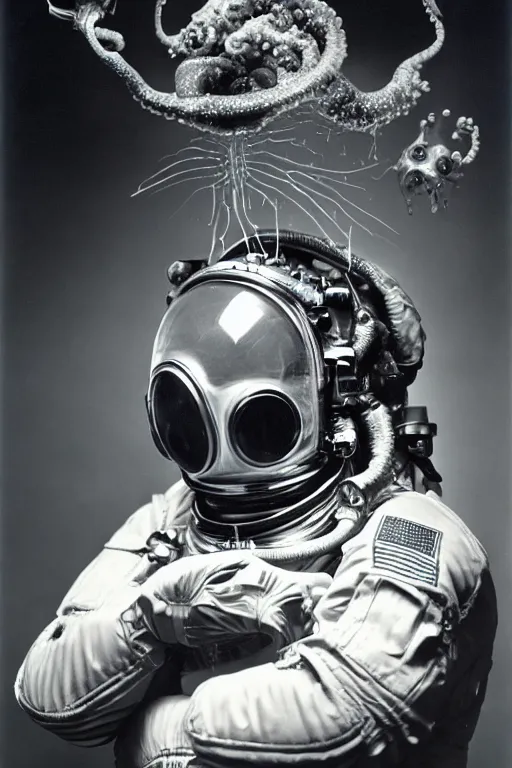 Image similar to extremely detailed studio portrait of space astronaut, alien tentacle protruding from eyes and mouth, slimy tentacle breaking through helmet visor, shattered visor, full body, soft light, plain studio background, disturbing, shocking realization, award winning photo by yousuf karsh