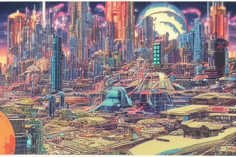 Prompt: 1 9 8 0 s science fiction anime background painting of an alien planet metropolis cityscape