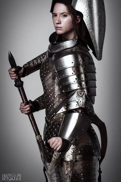 Image similar to female medieval warrior in light armor, by louis vuitton, luxury materials, symmetrical, cinematic, elegant, professional studio light, real dlsr photography, sharp focus, 4 k, ultra hd, sense of awe, high fashion