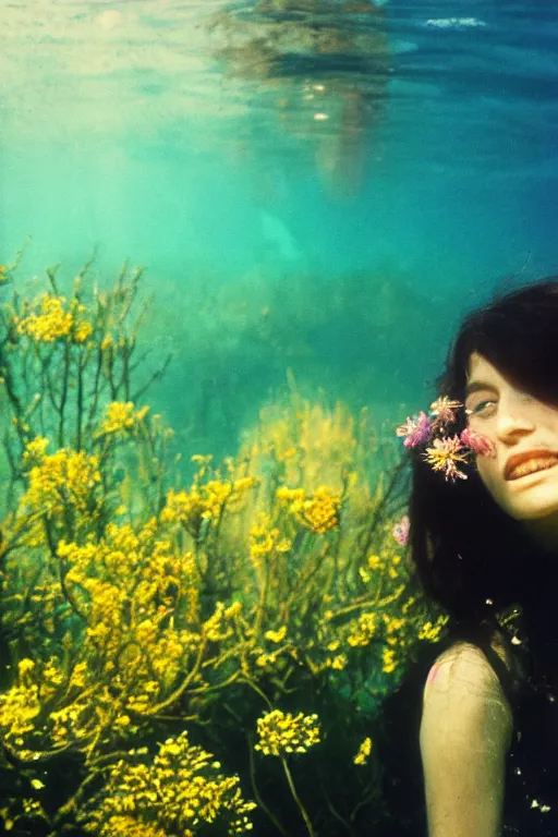 Prompt: film still, underwater view of young woman face with flowers from behind , 35mm