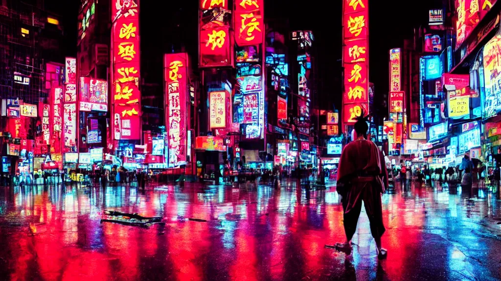 Prompt: a samurai in the middle of a futuristic cyberpunk city, wet floors with neon signs, night