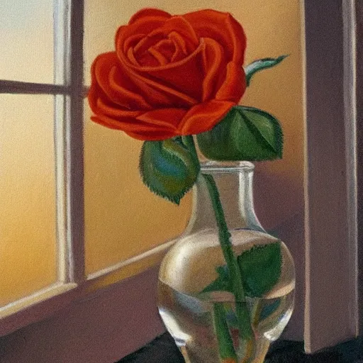 Image similar to The rose is placed in a vase on a windowsill. The light from the window casts a warm, golden glow on the petals of the rose, making them appear illuminated. The colors in the painting are soft and muted, giving the overall impression of a tranquil scene.