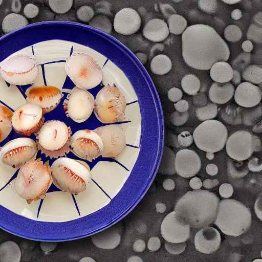 Prompt: a plate of scallops superimposed on a destroyed seabed