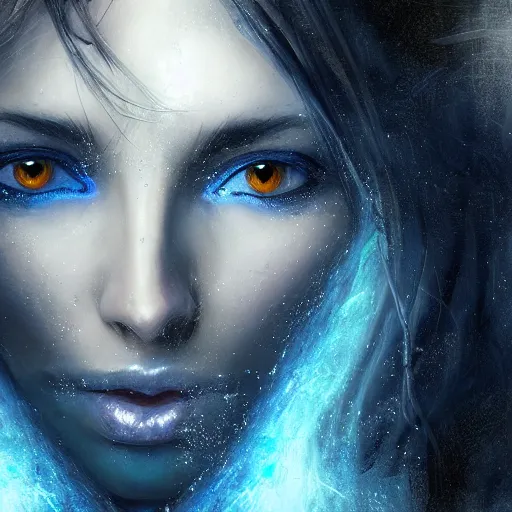 Prompt: masterpiece portrait of a beautiful mage woman, ice spell, 3 0 years woman, soft realistic thin appealing face, light eyes, black dynamic hair, wearing silver diadem, blue gems inlays, silver necklace, digital painting by wlop, luis royo, atmospheric effects, chaotic blue sparks dynamics background, intricate, artstation, fantasy